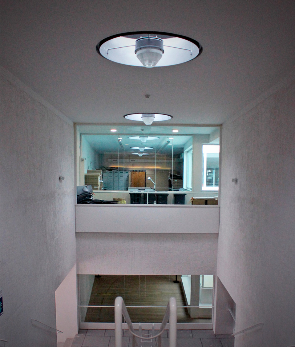 Imagen tomada desde lo alto de unas escaleras en la que se puede observar una sala con varias estanterías