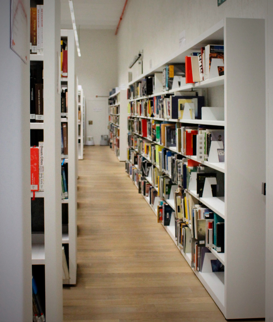 Imagen de un pasillo de una biblioteca en el que hay varias estanterías con libros