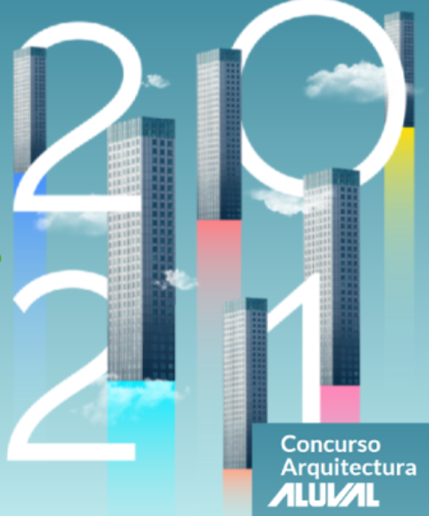 Cartel concurso ilustrando los dígitos 2021 con edificios alrededor