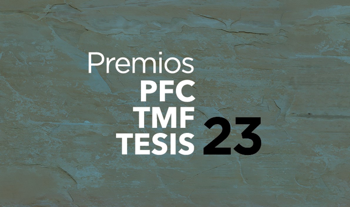 Carte con fondo gris y letras blancas de los premios PFC, TFM Y Tesis del COAM.