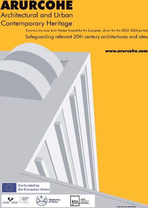 Cartel fondo amarillo letras negras Master Erasmus Mundus "Architectural and Urban Contemporary"