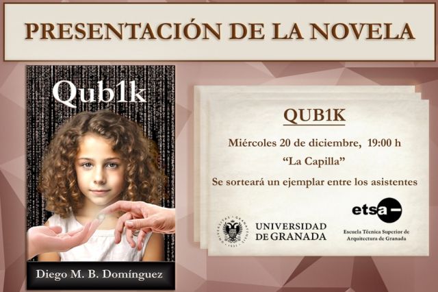 Cartel presentación del libro Qub1k con su portada en primer plano